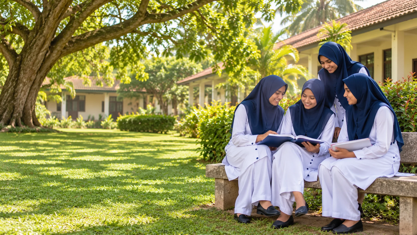 Sri Lankan Muslim students in navy hijabs and white uniforms at campus